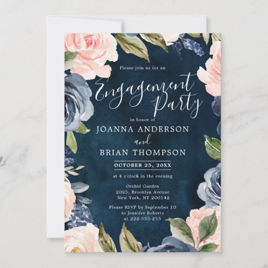 Navy Blue Blush Roze Boho Engagement Party Kaart (Voorkant)