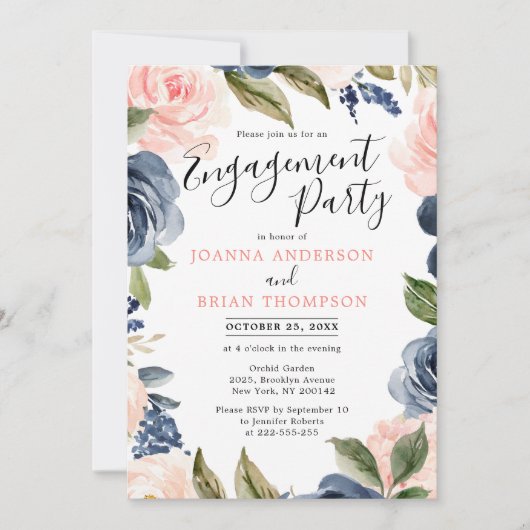 Navy Blue Blush Roze Boho Engagement Party Kaart (Voorkant)