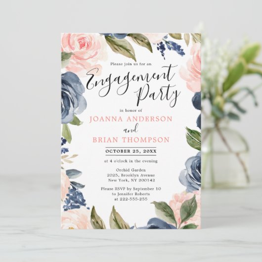 Navy Blue Blush Roze Boho Engagement Party Kaart (Staand voorkant)