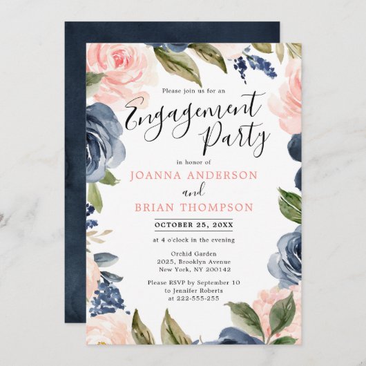 Navy Blue Blush Roze Boho Engagement Party Kaart (Voorkant / Achterkant)