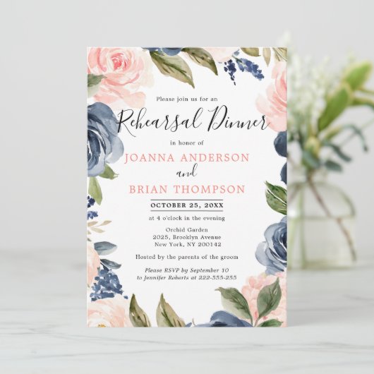 Navy Blue Blush Roze Boho repesal Dinner Kaart (Staand voorkant)