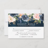 Navy Blue Blush Roze Boho Wedding RSVP Card (Voorkant)