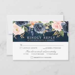 Navy Blue Blush Roze Boho Wedding RSVP Card Kaartje