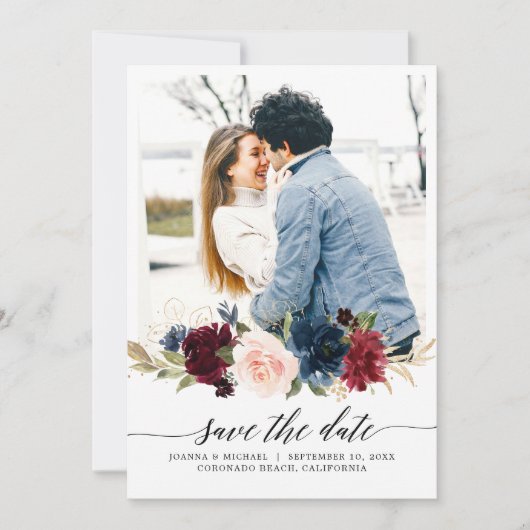 Navy Blue Blush Roze Bourgondië Roos Foto Save The Date (Voorkant)