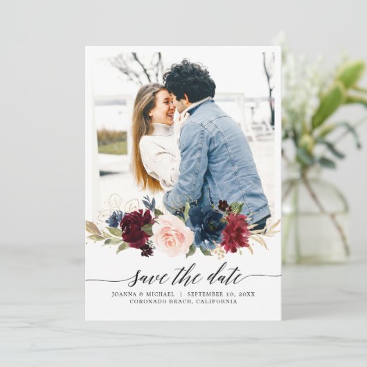 Navy Blue Blush Roze Bourgondië Roos Foto Save The Date (Staand voorkant)