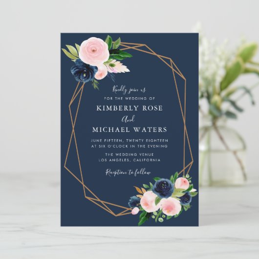 Navy blue blush roze bruiloft kaart (Staand voorkant)
