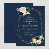 Navy blue blush roze bruiloft kaart (Voorkant / Achterkant)