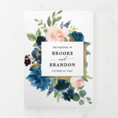 Navy Blue Blush roze drivoudig huwelijk uitnodigin Drieluik Aankondiging (Cover)