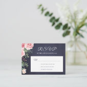 Navy blue blush roze floral budget bruiloft RSVP Informatiekaartje (Staand voorkant)