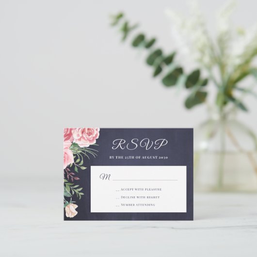 Navy blue blush roze floral budget bruiloft RSVP Informatiekaartje (Staand voorkant)