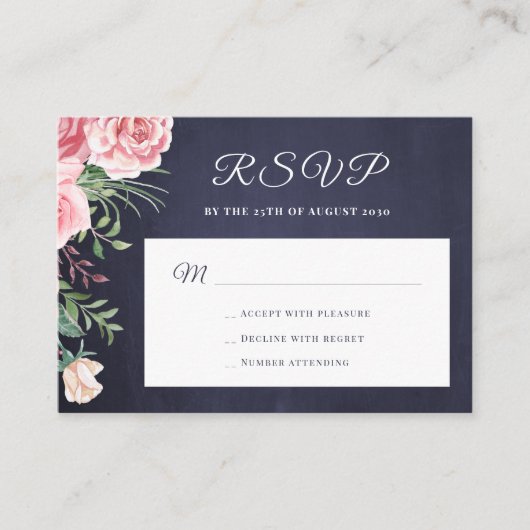Navy blue blush roze floral budget bruiloft RSVP Informatiekaartje (Voorkant)