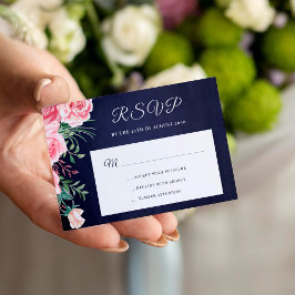 Navy blue blush roze floral budget bruiloft RSVP Informatiekaartje