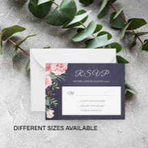 Navy blue blush roze floral budget bruiloft RSVP
