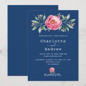 Navy Blue blush roze floral elegant bruiloft Kaart (Voorkant / Achterkant)