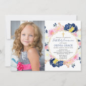 Navy blue blush roze floral first commune foto kaart (Voorkant)