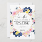 Navy blue blush roze floral gender onthult kaart (Voorkant)