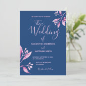 Navy blue blush roze florale botanische bruiloft kaart (Staand voorkant)