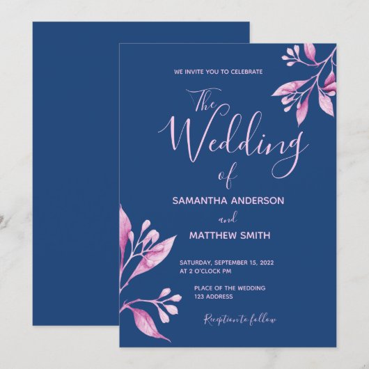 Navy blue blush roze florale botanische bruiloft kaart (Voorkant / Achterkant)
