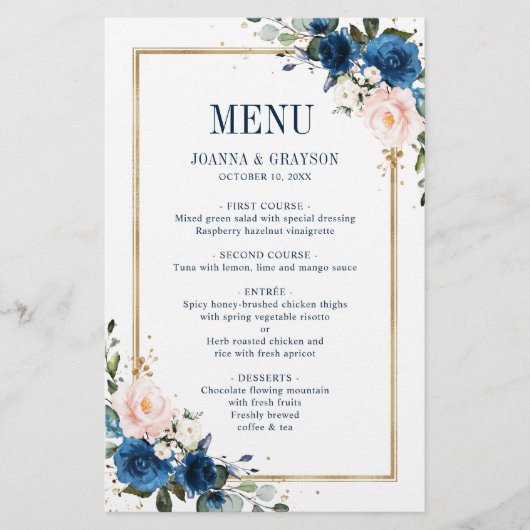 Navy Blue Blush Roze Geometric WeddenMenu (Voorkant)
