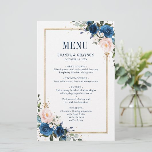Navy Blue Blush Roze Geometric WeddenMenu (Staand voorkant)