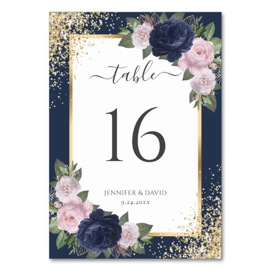 Navy Blue Blush Roze Goud Confetti Bloemen Huwelij Kaart (Voorkant)