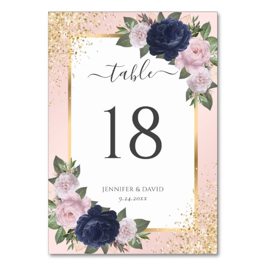 Navy Blue Blush Roze Goud Confetti Bloemen Huwelij Kaart (Achterkant)