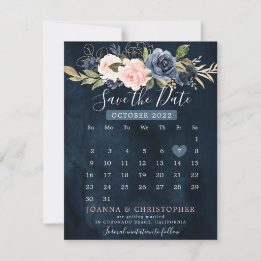 Navy Blue Blush roze kalender Save the Date A Aankondiging (Voorkant)