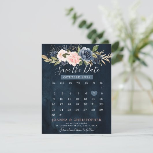 Navy Blue Blush roze kalender Save the Date A Aankondiging (Staand voorkant)