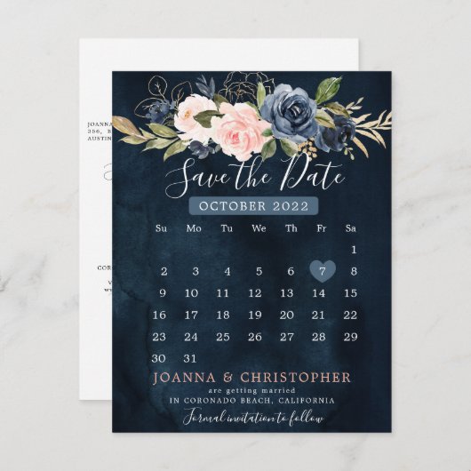 Navy Blue Blush roze kalender Save the Date A Aankondiging (Voorkant / Achterkant)