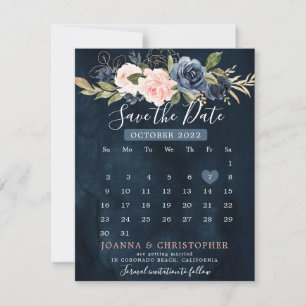 Navy Blue Blush roze kalender Save the Date A Aankondiging