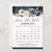 Navy Blue Blush Roze Rose Bloemenkalender Save The Date (Voorkant)