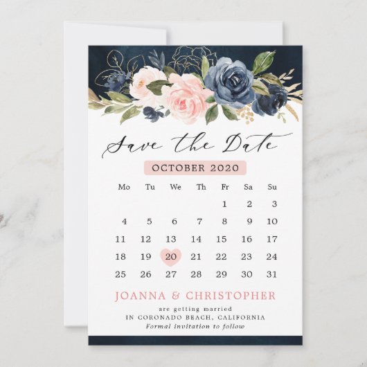Navy Blue Blush Roze Rose Bloemenkalender Save The Date (Voorkant)