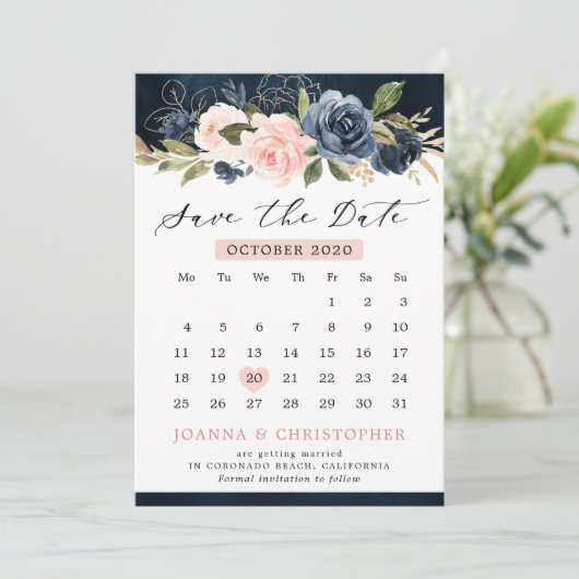 Navy Blue Blush Roze Rose Bloemenkalender Save The Date (Staand voorkant)
