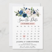 Navy Blue Blush Roze Rose Bloemenkalender Save The Date (Voorkant)