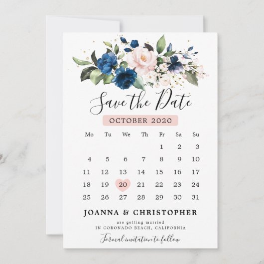 Navy Blue Blush Roze Rose Bloemenkalender Save The Date (Voorkant)