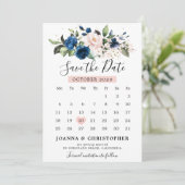 Navy Blue Blush Roze Rose Bloemenkalender Save The Date (Staand voorkant)