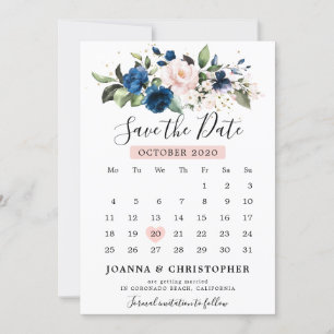 Navy Blue Blush Roze Rose Bloemenkalender Save The Date