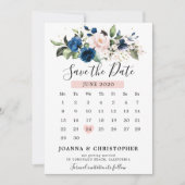 Navy Blue Blush Roze Rose Bloemenkalender Save The Date (Voorkant)