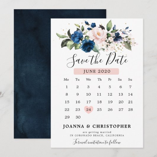 Navy Blue Blush Roze Rose Bloemenkalender Save The Date (Voorkant / Achterkant)