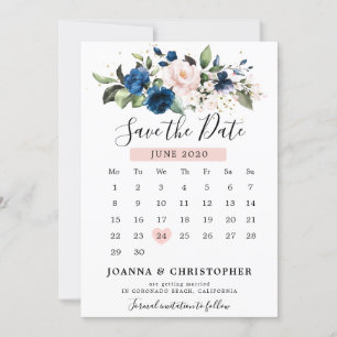Navy Blue Blush Roze Rose Bloemenkalender Save The Date