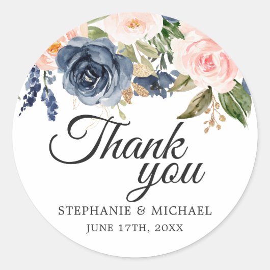 Navy Blue Blush Roze Rose Botanical Dank u Ronde Sticker (Voorkant)