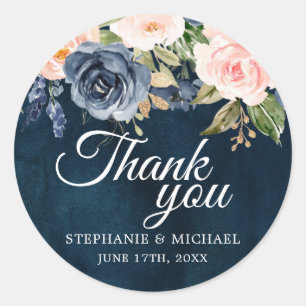 Navy Blue Blush Roze Rose Botanical Dank u Ronde Sticker