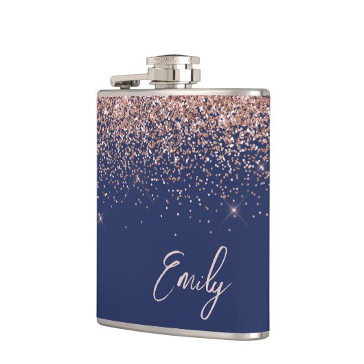 Navy Blue Blush roze Rose Gold Glitter Monogram Heupfles (Links)