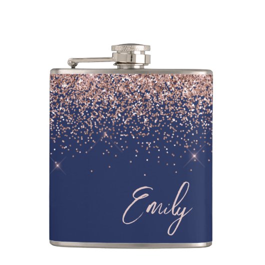Navy Blue Blush roze Rose Gold Glitter Monogram Heupfles (Voorkant)