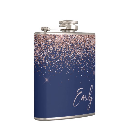 Navy Blue Blush roze Rose Gold Glitter Monogram Heupfles (Rechts)