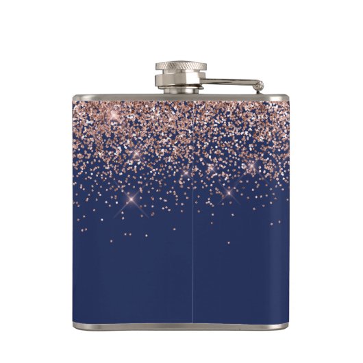 Navy Blue Blush roze Rose Gold Glitter Monogram Heupfles (Achterkant)