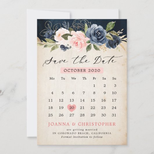 Navy Blue Blush Roze Rose Rustieke landkalender Save The Date (Voorkant)