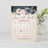 Navy Blue Blush Roze Rose Rustieke landkalender Save The Date (Staand voorkant)