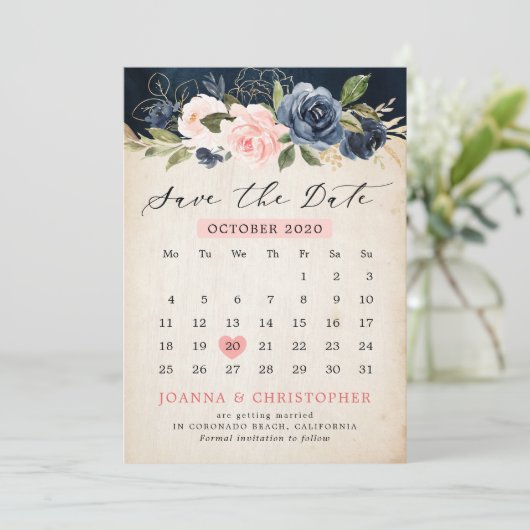 Navy Blue Blush Roze Rose Rustieke landkalender Save The Date (Staand voorkant)