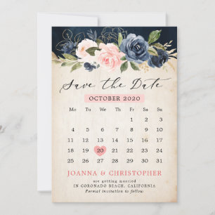 Navy Blue Blush Roze Rose Rustieke landkalender Save The Date